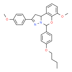 ChemSpider 2D Image | 5-(4-Butoxyphenyl)-7-methoxy-2-(4-methoxyphenyl)-1,10b-dihydropyrazolo[1,5-c][1,3]benzoxazine | C28H30N2O4