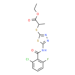 ChemSpider 2D Image | Ethyl 2-({5-[(2-chloro-6-fluorobenzoyl)amino]-1,3,4-thiadiazol-2-yl}sulfanyl)propanoate | C14H13ClFN3O3S2