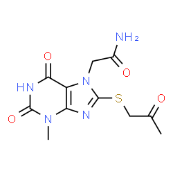ChemSpider 2D Image | 2-{3-Methyl-2,6-dioxo-8-[(2-oxopropyl)sulfanyl]-1,2,3,6-tetrahydro-7H-purin-7-yl}acetamide | C11H13N5O4S