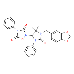 ChemSpider 2D Image | 2-[1-(1,3-Benzodioxol-5-ylmethyl)-5,5-dimethyl-2-oxo-3-phenyl-4-imidazolidinyl]-4-phenyl-1,2,4-oxadiazolidine-3,5-dione | C27H24N4O6