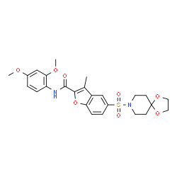 ChemSpider 2D Image | N-(2,4-Dimethoxyphenyl)-5-(1,4-dioxa-8-azaspiro[4.5]dec-8-ylsulfonyl)-3-methyl-1-benzofuran-2-carboxamide | C25H28N2O8S