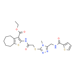 ChemSpider 2D Image | Ethyl 2-({[(4-methyl-5-{[(2-thienylcarbonyl)amino]methyl}-4H-1,2,4-triazol-3-yl)sulfanyl]acetyl}amino)-5,6,7,8-tetrahydro-4H-cyclohepta[b]thiophene-3-carboxylate | C23H27N5O4S3