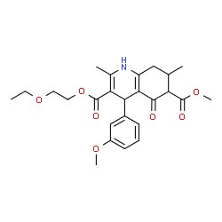 ChemSpider 2D Image | 3-(2-Ethoxyethyl) 6-methyl 4-(3-methoxyphenyl)-2,7-dimethyl-5-oxo-1,4,5,6,7,8-hexahydro-3,6-quinolinedicarboxylate | C25H31NO7