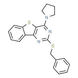 ChemSpider 2D Image | 2-(Benzylsulfanyl)-4-(1-pyrrolidinyl)[1]benzothieno[3,2-d]pyrimidine | C21H19N3S2