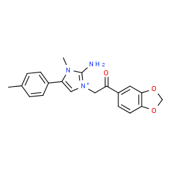 ChemSpider 2D Image | 2-Amino-3-[2-(1,3-benzodioxol-5-yl)-2-oxoethyl]-1-methyl-5-(4-methylphenyl)-1H-imidazol-3-ium | C20H20N3O3