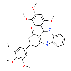 ChemSpider 2D Image | 11-(2,4,5-Trimethoxyphenyl)-3-(3,4,5-trimethoxyphenyl)-2,3,4,5,10,11-hexahydro-1H-dibenzo[b,e][1,4]diazepin-1-one | C31H34N2O7