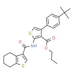 ChemSpider 2D Image | Propyl 4-[4-(2-methyl-2-propanyl)phenyl]-2-[(4,5,6,7-tetrahydro-1-benzothiophen-3-ylcarbonyl)amino]-3-thiophenecarboxylate | C27H31NO3S2