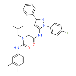ChemSpider 2D Image | N~2~-[(3,4-Dimethylphenyl)carbamoyl]-N-[1-(4-fluorophenyl)-3-phenyl-1H-pyrazol-5-yl]-N~2~-isobutylglycinamide | C30H32FN5O2