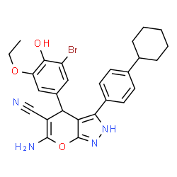 ChemSpider 2D Image | 6-Amino-4-(3-bromo-5-ethoxy-4-hydroxyphenyl)-3-(4-cyclohexylphenyl)-2,4-dihydropyrano[2,3-c]pyrazole-5-carbonitrile | C27H27BrN4O3