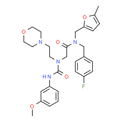 ChemSpider 2D Image | N-(4-Fluorobenzyl)-N~2~-[(3-methoxyphenyl)carbamoyl]-N-[(5-methyl-2-furyl)methyl]-N~2~-[2-(4-morpholinyl)ethyl]glycinamide | C29H35FN4O5
