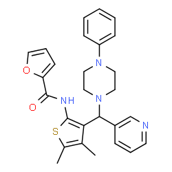 ChemSpider 2D Image | N-{4,5-Dimethyl-3-[(4-phenyl-1-piperazinyl)(3-pyridinyl)methyl]-2-thienyl}-2-furamide | C27H28N4O2S