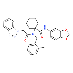 ChemSpider 2D Image | N-(1,3-Benzodioxol-5-yl)-1-[(1H-benzotriazol-1-ylacetyl)(2-methylbenzyl)amino]cyclohexanecarboxamide | C30H31N5O4