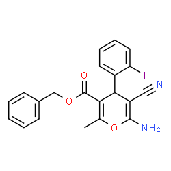 ChemSpider 2D Image | Benzyl 6-amino-5-cyano-4-(2-iodophenyl)-2-methyl-4H-pyran-3-carboxylate | C21H17IN2O3
