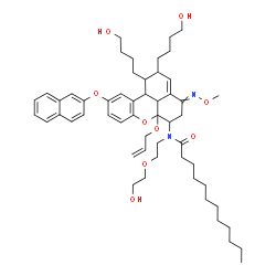 ChemSpider 2D Image | N-[6a-(Allyloxy)-1,2-bis(4-hydroxybutyl)-4-(methoxyimino)-10-(2-naphthyloxy)-1,2,4,5,6,6a,11b,11c-octahydrobenzo[kl]xanthen-6-yl]-N-[2-(2-hydroxyethoxy)ethyl]dodecanamide | C54H76N2O9