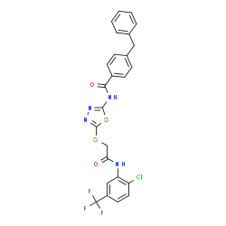 ChemSpider 2D Image | 4-Benzyl-N-{5-[(2-{[2-chloro-5-(trifluoromethyl)phenyl]amino}-2-oxoethyl)sulfanyl]-1,3,4-thiadiazol-2-yl}benzamide | C25H18ClF3N4O2S2