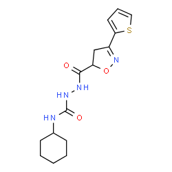ChemSpider 2D Image | N-Cyclohexyl-2-{[3-(2-thienyl)-4,5-dihydro-1,2-oxazol-5-yl]carbonyl}hydrazinecarboxamide | C15H20N4O3S