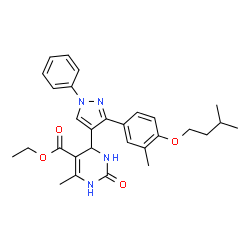 ChemSpider 2D Image | Ethyl 6-methyl-4-{3-[3-methyl-4-(3-methylbutoxy)phenyl]-1-phenyl-1H-pyrazol-4-yl}-2-oxo-1,2,3,4-tetrahydro-5-pyrimidinecarboxylate | C29H34N4O4
