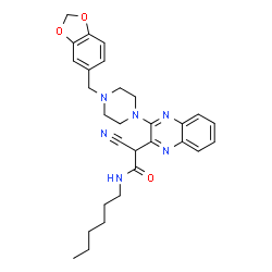 ChemSpider 2D Image | 2-{3-[4-(1,3-Benzodioxol-5-ylmethyl)-1-piperazinyl]-2-quinoxalinyl}-2-cyano-N-hexylacetamide | C29H34N6O3