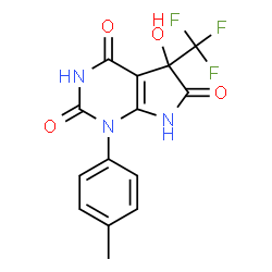 ChemSpider 2D Image | 5-Hydroxy-1-(4-methylphenyl)-5-(trifluoromethyl)-5,7-dihydro-1H-pyrrolo[2,3-d]pyrimidine-2,4,6(3H)-trione | C14H10F3N3O4