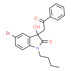 ChemSpider 2D Image | 5-Bromo-1-butyl-3-hydroxy-3-(2-oxo-2-phenylethyl)-1,3-dihydro-2H-indol-2-one | C20H20BrNO3