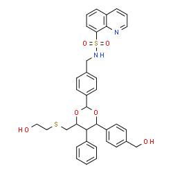 ChemSpider 2D Image | N-[4-(4-{[(2-Hydroxyethyl)sulfanyl]methyl}-6-[4-(hydroxymethyl)phenyl]-5-phenyl-1,3-dioxan-2-yl)benzyl]-8-quinolinesulfonamide | C36H36N2O6S2