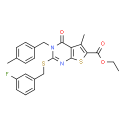 ChemSpider 2D Image | Ethyl 2-[(3-fluorobenzyl)sulfanyl]-5-methyl-3-(4-methylbenzyl)-4-oxo-3,4-dihydrothieno[2,3-d]pyrimidine-6-carboxylate | C25H23FN2O3S2