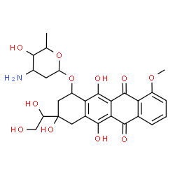 ChemSpider 2D Image | 3-(1,2-Dihydroxyethyl)-3,5,12-trihydroxy-10-methoxy-6,11-dioxo-1,2,3,4,6,11-hexahydro-1-tetracenyl 3-amino-2,3,6-trideoxyhexopyranoside | C27H31NO11