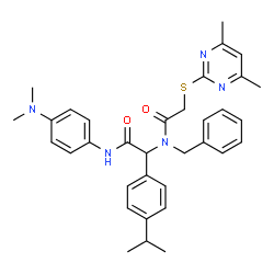 ChemSpider 2D Image | N-benzyl-N-(2-(4-(dimethylamino)phenylamino)-1-(4-isopropylphenyl)-2-oxoethyl)-2-(4,6-dimethylpyrimidin-2-ylthio)acetamide | C34H39N5O2S