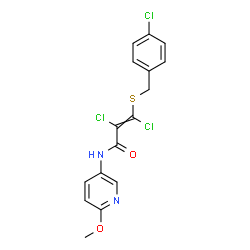 ChemSpider 2D Image | 2,3-Dichloro-3-[(4-chlorobenzyl)sulfanyl]-N-(6-methoxy-3-pyridinyl)acrylamide | C16H13Cl3N2O2S
