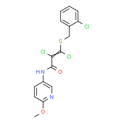 ChemSpider 2D Image | 2,3-Dichloro-3-[(2-chlorobenzyl)sulfanyl]-N-(6-methoxy-3-pyridinyl)acrylamide | C16H13Cl3N2O2S