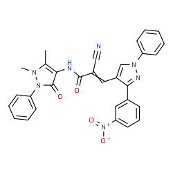 ChemSpider 2D Image | 2-Cyano-N-(1,5-dimethyl-3-oxo-2-phenyl-2,3-dihydro-1H-pyrazol-4-yl)-3-[3-(3-nitrophenyl)-1-phenyl-1H-pyrazol-4-yl]acrylamide | C30H23N7O4