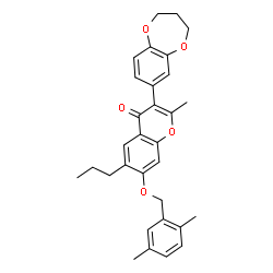 ChemSpider 2D Image | 3-(3,4-Dihydro-2H-1,5-benzodioxepin-7-yl)-7-[(2,5-dimethylbenzyl)oxy]-2-methyl-6-propyl-4H-chromen-4-one | C31H32O5