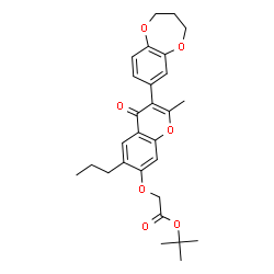 ChemSpider 2D Image | 2-Methyl-2-propanyl {[3-(3,4-dihydro-2H-1,5-benzodioxepin-7-yl)-2-methyl-4-oxo-6-propyl-4H-chromen-7-yl]oxy}acetate | C28H32O7