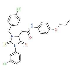 ChemSpider 2D Image | 2-[3-(4-Chlorobenzyl)-1-(3-chlorophenyl)-5-oxo-2-thioxo-4-imidazolidinyl]-N-(4-propoxyphenyl)acetamide | C27H25Cl2N3O3S