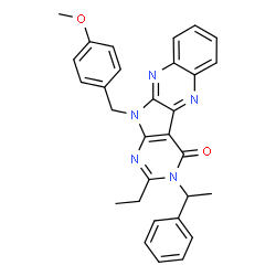 ChemSpider 2D Image | 2-Ethyl-11-(4-methoxybenzyl)-3-(1-phenylethyl)-3,11-dihydro-4H-pyrimido[5',4':4,5]pyrrolo[2,3-b]quinoxalin-4-one | C30H27N5O2