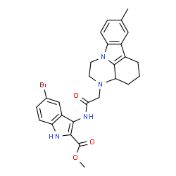 ChemSpider 2D Image | Methyl 5-bromo-3-{[(8-methyl-1,2,3a,4,5,6-hexahydro-3H-pyrazino[3,2,1-jk]carbazol-3-yl)acetyl]amino}-1H-indole-2-carboxylate | C27H27BrN4O3
