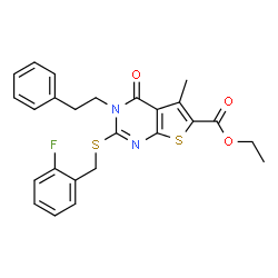 ChemSpider 2D Image | Ethyl 2-[(2-fluorobenzyl)sulfanyl]-5-methyl-4-oxo-3-(2-phenylethyl)-3,4-dihydrothieno[2,3-d]pyrimidine-6-carboxylate | C25H23FN2O3S2