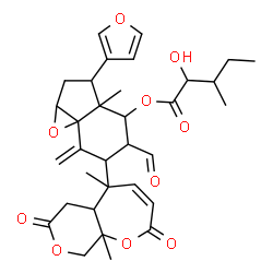 ChemSpider 2D Image | 6-(5,9a-Dimethyl-2,7-dioxo-5,5a,6,7,9,9a-hexahydro-2H-pyrano[3,4-b]oxepin-5-yl)-5-formyl-3-(3-furyl)-3a-methyl-7-methyleneoctahydroindeno[1,7a-b]oxiren-4-yl 2-hydroxy-3-methylpentanoate | C33H40O10