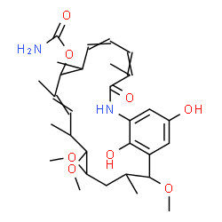 ChemSpider 2D Image | 20,22-Dihydroxy-13,14,17-trimethoxy-4,8,10,12,16-pentamethyl-3-oxo-2-azabicyclo[16.3.1]docosa-1(22),4,6,10,18,20-hexaen-9-yl carbamate | C30H44N2O8