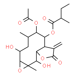 ChemSpider 2D Image | 5-Acetoxy-2,10-dihydroxy-4,10a-dimethyl-7-methylene-8-oxododecahydrooxireno[8,9]cyclodeca[1,2-b]furan-6-yl 2-methylbutanoate | C22H32O9