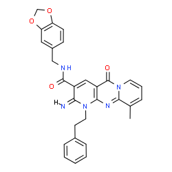 ChemSpider 2D Image | (2E)-N-(1,3-Benzodioxol-5-ylmethyl)-2-imino-10-methyl-5-oxo-1-(2-phenylethyl)-1,5-dihydro-2H-dipyrido[1,2-a:2',3'-d]pyrimidine-3-carboxamide | C29H25N5O4