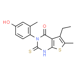 ChemSpider 2D Image | 5-Ethyl-3-(4-hydroxy-2-methyl-phenyl)-2-mercapto-6-methyl-3H-thieno[2,3-d]pyrimidin-4-one | C16H16N2O2S2