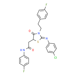 ChemSpider 2D Image | 2-{(2Z)-2-[(4-Chlorophenyl)imino]-3-[2-(4-fluorophenyl)ethyl]-4-oxo-1,3-thiazolidin-5-yl}-N-(4-fluorophenyl)acetamide | C25H20ClF2N3O2S