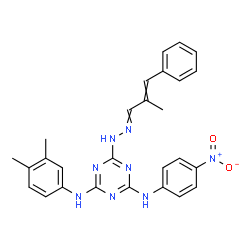 ChemSpider 2D Image | N-(3,4-Dimethylphenyl)-6-[2-(2-methyl-3-phenyl-2-propen-1-ylidene)hydrazino]-N'-(4-nitrophenyl)-1,3,5-triazine-2,4-diamine | C27H26N8O2