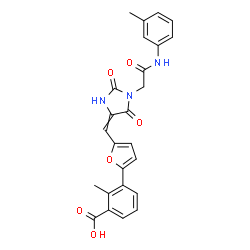 ChemSpider 2D Image | 2-Methyl-3-{5-[(1-{2-[(3-methylphenyl)amino]-2-oxoethyl}-2,5-dioxo-4-imidazolidinylidene)methyl]-2-furyl}benzoic acid | C25H21N3O6