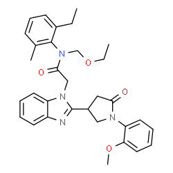ChemSpider 2D Image | N-(Ethoxymethyl)-N-(2-ethyl-6-methylphenyl)-2-{2-[1-(2-methoxyphenyl)-5-oxo-3-pyrrolidinyl]-1H-benzimidazol-1-yl}acetamide | C32H36N4O4