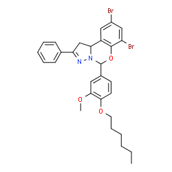 ChemSpider 2D Image | 7,9-Dibromo-5-[4-(hexyloxy)-3-methoxyphenyl]-2-phenyl-1,10b-dihydropyrazolo[1,5-c][1,3]benzoxazine | C29H30Br2N2O3