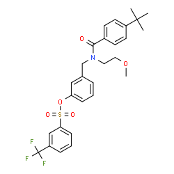 ChemSpider 2D Image | 3-({(2-Methoxyethyl)[4-(2-methyl-2-propanyl)benzoyl]amino}methyl)phenyl 3-(trifluoromethyl)benzenesulfonate | C28H30F3NO5S