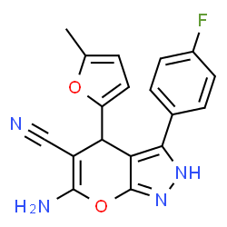 ChemSpider 2D Image | 6-Amino-3-(4-fluorophenyl)-4-(5-methyl-2-furyl)-1,4-dihydropyrano[2,3-c]pyrazole-5-carbonitrile | C18H13FN4O2