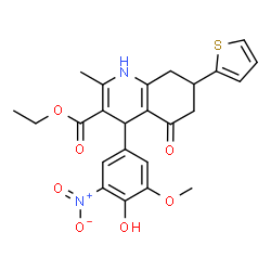 ChemSpider 2D Image | Ethyl 4-(4-hydroxy-3-methoxy-5-nitrophenyl)-2-methyl-5-oxo-7-(2-thienyl)-1,4,5,6,7,8-hexahydro-3-quinolinecarboxylate | C24H24N2O7S